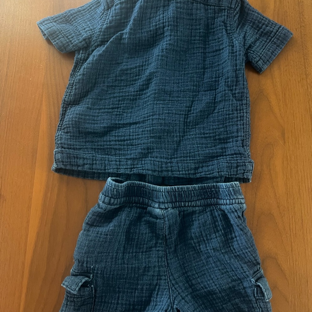 Blue Crinkled Gauze Short Sleeve Shirt and Shorts Set - Picture 5 of 6